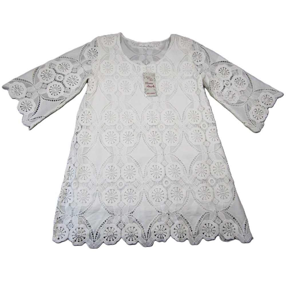 Pretty Angel Lace Shift Mini Dress L‎ White Linen Blend Bell Sleeve Boho Y2K NEW